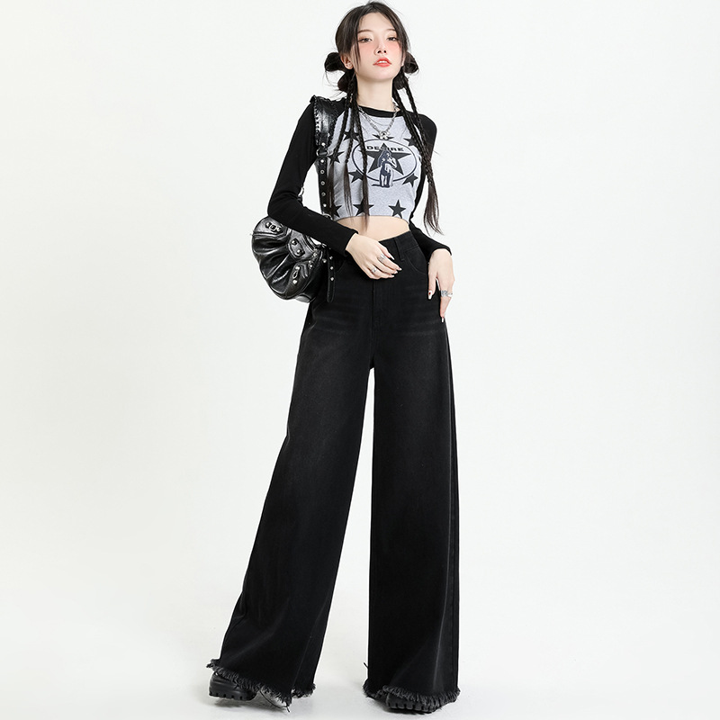 Street Style Washed Retro Subculture Black Grey Wide Leg Denim Women's Sweeping Pants Elephant Leg Large Leg Foot Burr Edge