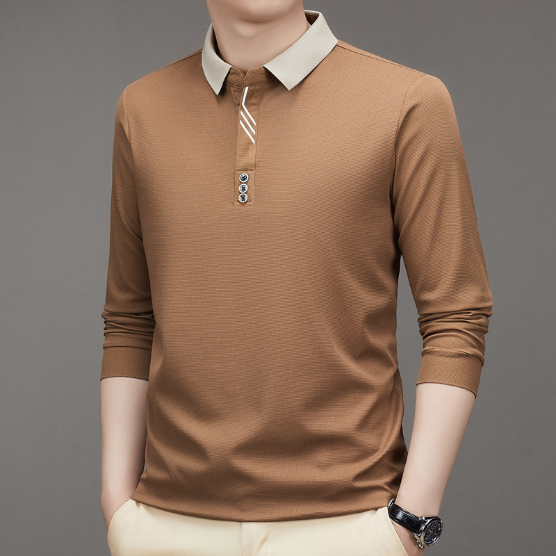 New Men's Autumn New Long-sleeved Polo Shirt Men's Business Scissor Collar Fit Solid Color Lapp Base T-shirt for Men