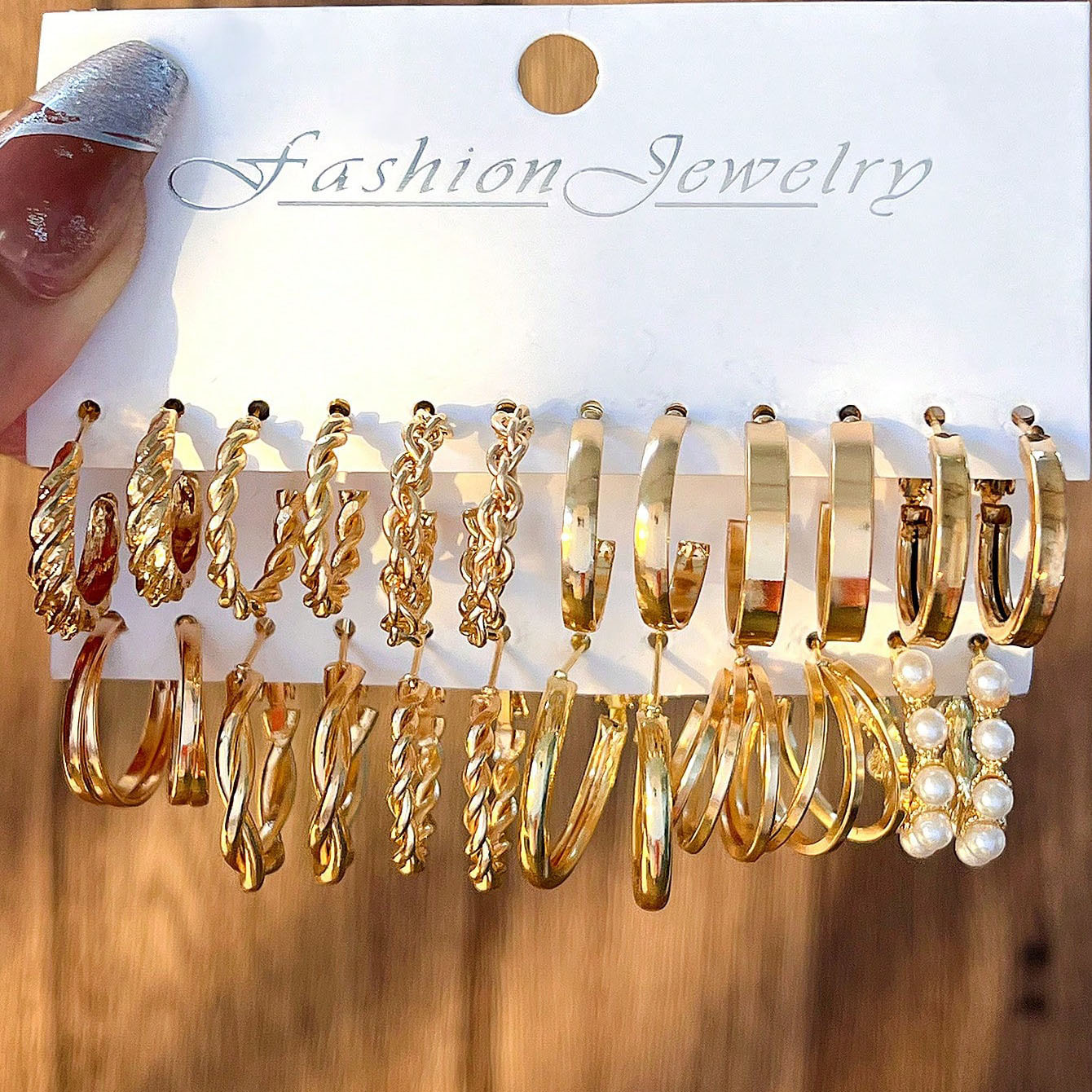 European and American cross-border inlaid pearl geometric women's earrings retro French gold earrings suit 6-piece set