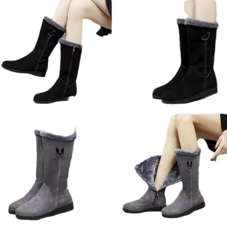 Winter versatile snow boots women's shoes fleece-lined thickened mid-calf Martin boots wedge non-slip warm side zipper cotton boots