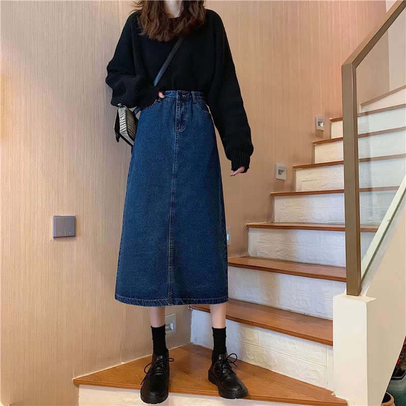 Denim skirt women 2022 autumn Hong Kong flavor retro long high waist slim split denim skirt wholesale