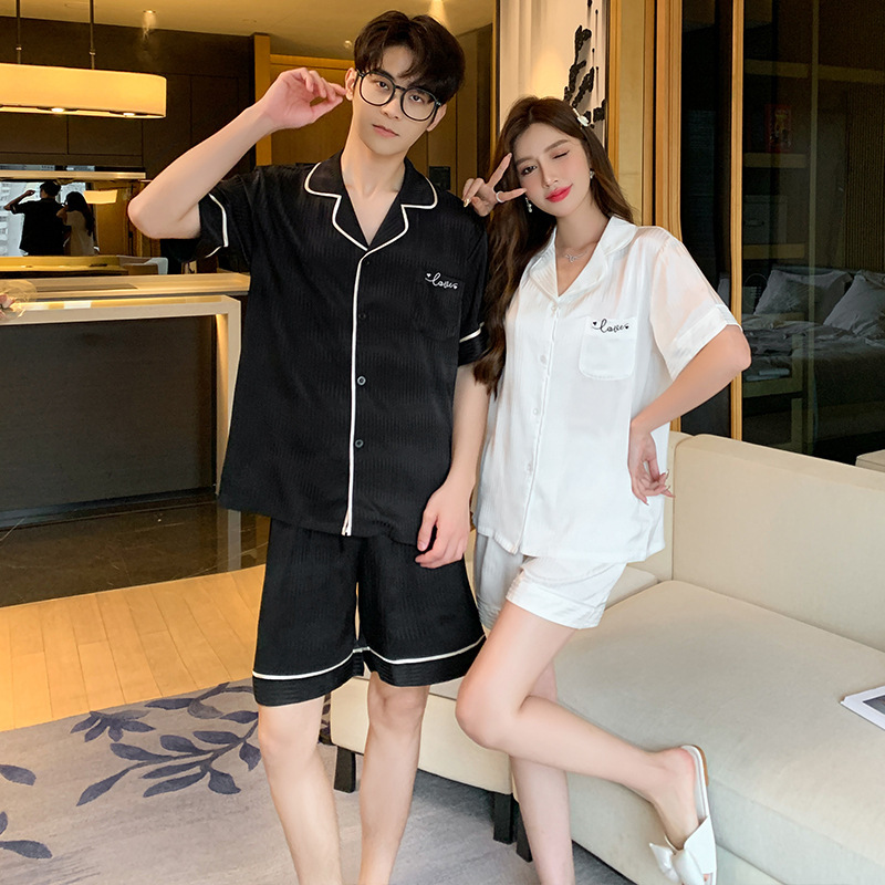 カップルパジャマ女性アイス夏半袖半ズボン2点セット男性カーディガンファッションシンプル家庭服セット899|undefined