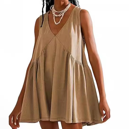2024 European and American Foreign Trade Cross-border Women's Clothing Amazon shein V-neck Sleeveless Pleated Vest Pocket dress