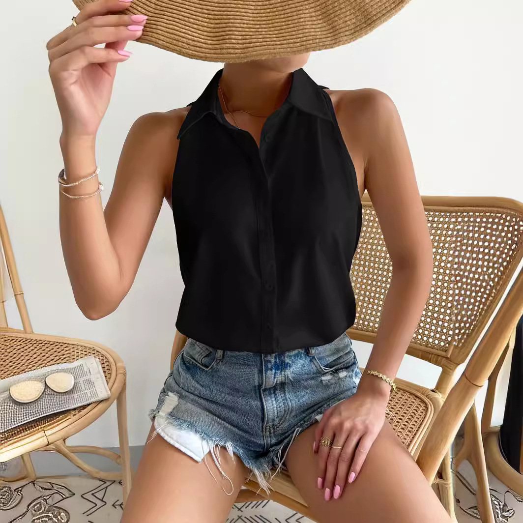 Women's Button-Up Shirt Sleeveless Basic Casual Solid Color Summer Shirt Top