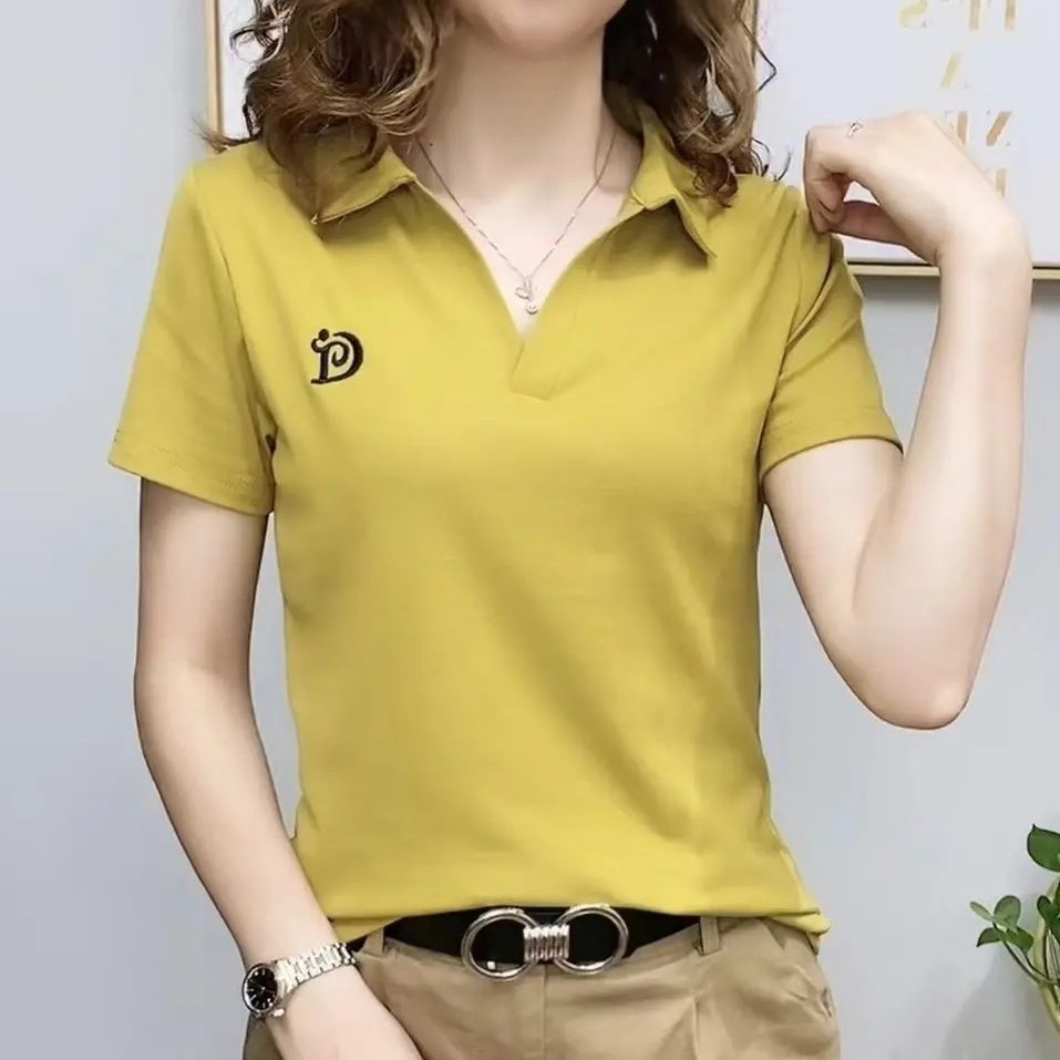 Internet Celebrity Popular Women's Polo Shirt V-neck Short-sleeved T-shirt Women's 2022 Summer New Western Style Age-reducing Casual Top
