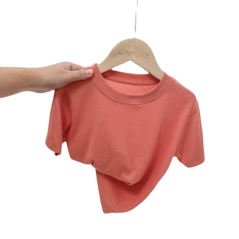 2024 Children's Boneless Short-sleeved Boys' Solid Color Thin Crewneck Top Summer Baby Girl T-shirt