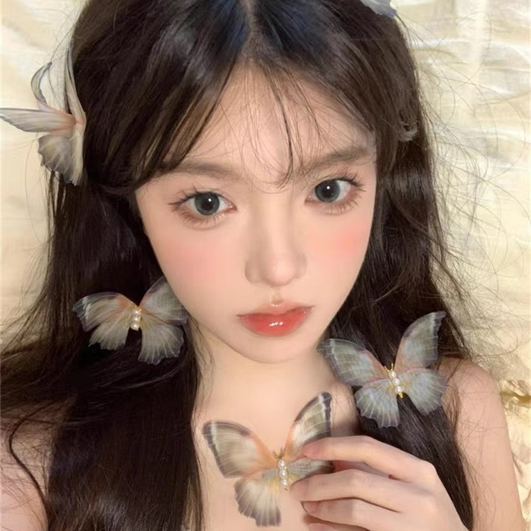10cm double-layer mesh vintage Super fairy Pearl butterfly hairpin Mori sweet side hairpin headdress selfie decoration