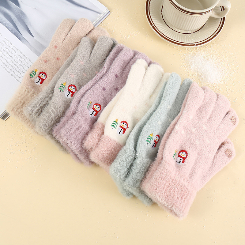Gloves women's winter plus velvet padded snowman outdoor cold-proof plush warm cute knitted touch screen gloves wholesale