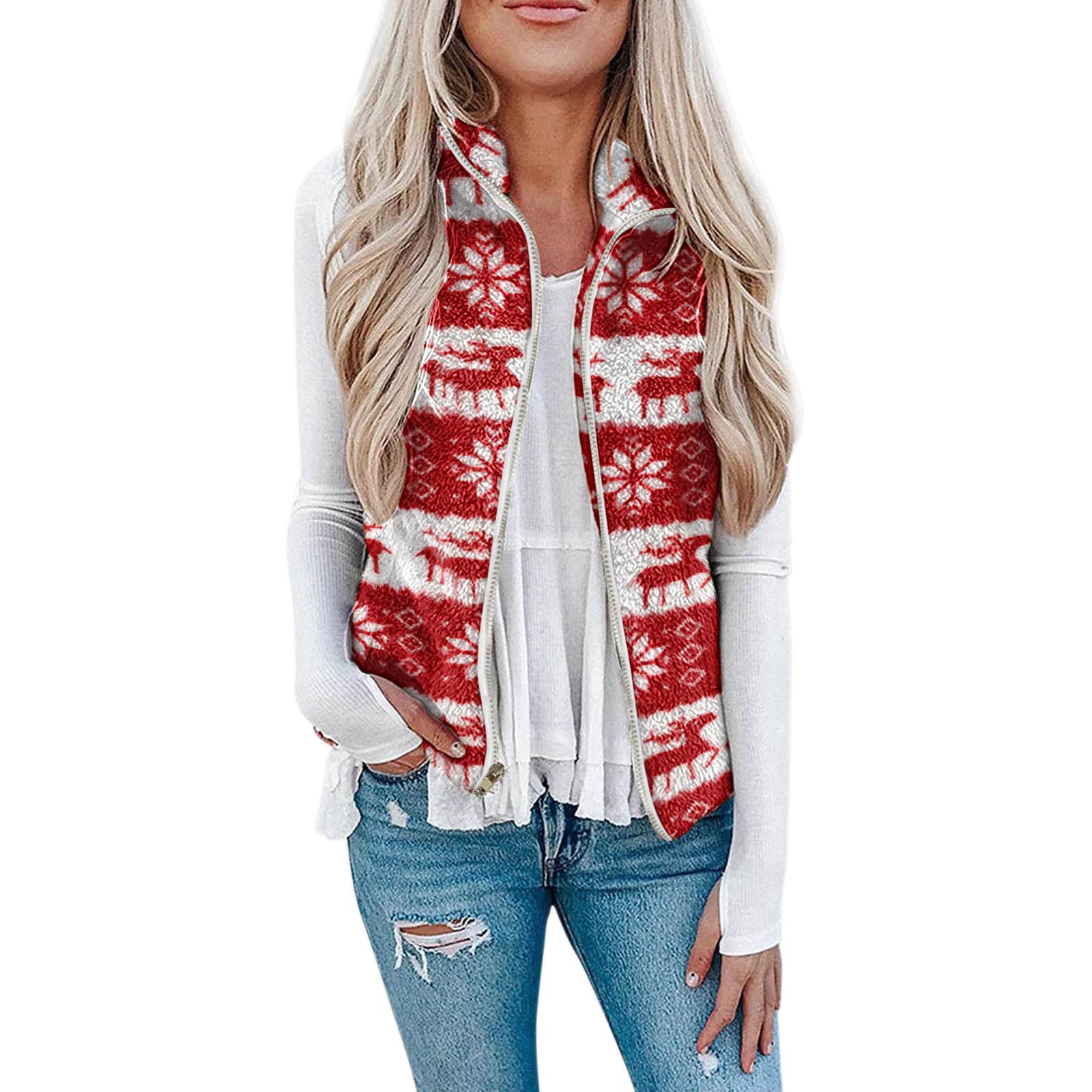Women's 2022wish European and American Amazon pocket zipper women's Christmas top plush printed vest jacket