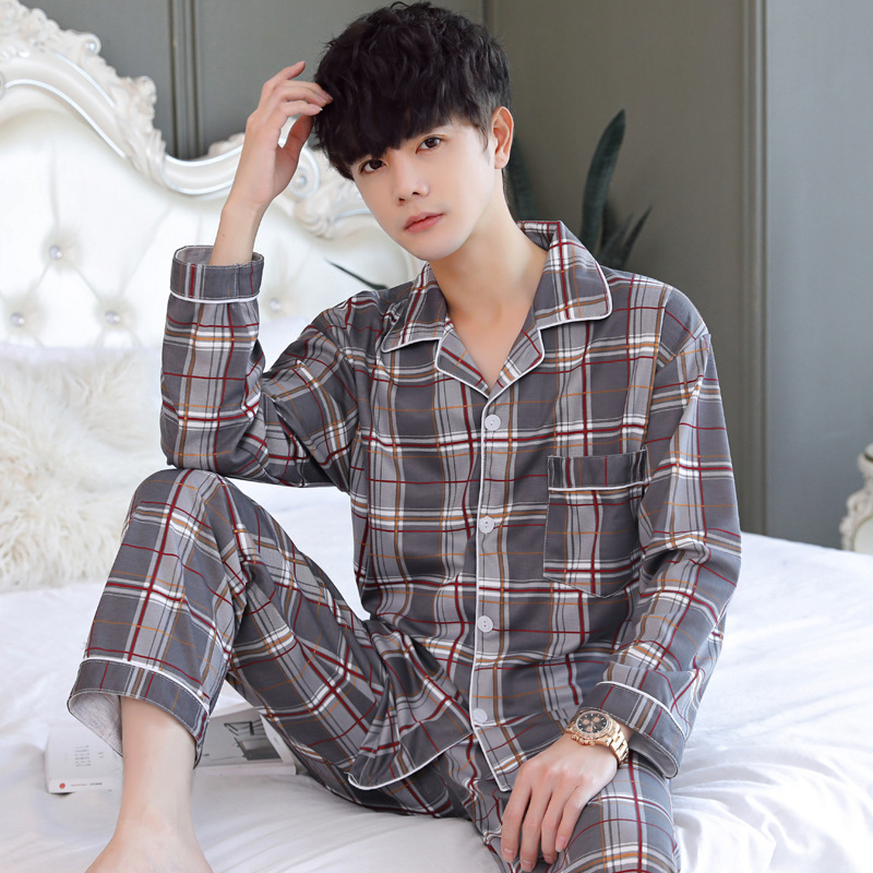 Pajamas for men, spring and autumn long-sleeved two-piece set, imitation cotton, young and middle-aged dads, large size men's home clothes, loose and can be worn outside