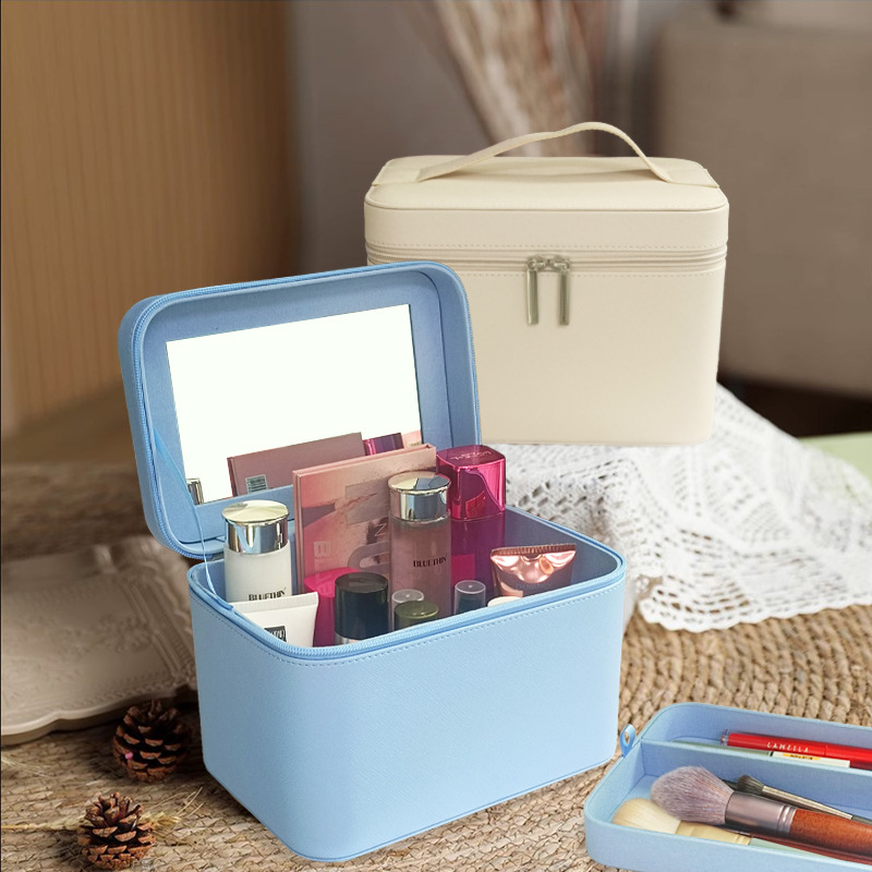 Cross-border cosmetic case portable travel large capacity cosmetic bag portable simple with mirror cosmetic storage box wholesale