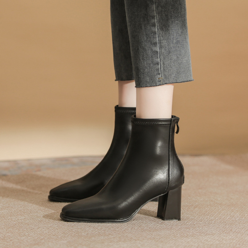 Short boots women's high heel chunky heel 2023 new boots white French square toe autumn and winter single boots fashion mid-calf thin boots