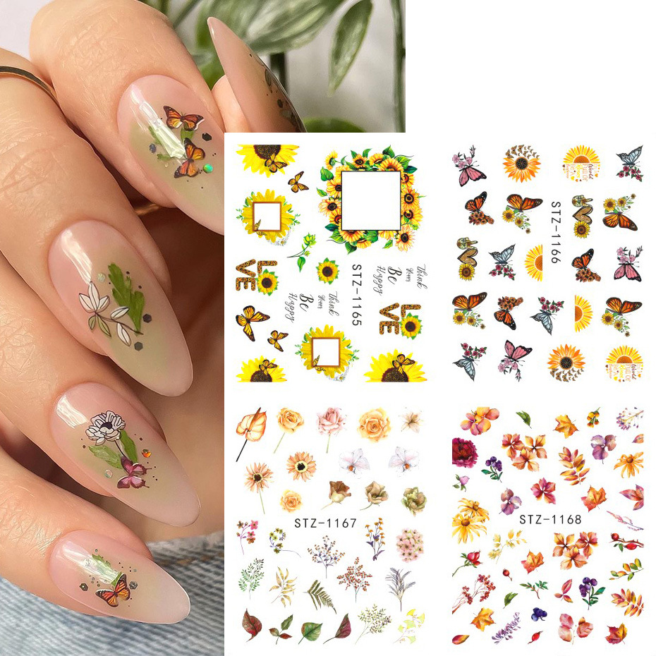 Cross-border new nail stickers spring and summer fresh colorful flower butterfly sunflower watermark nail stickers nail