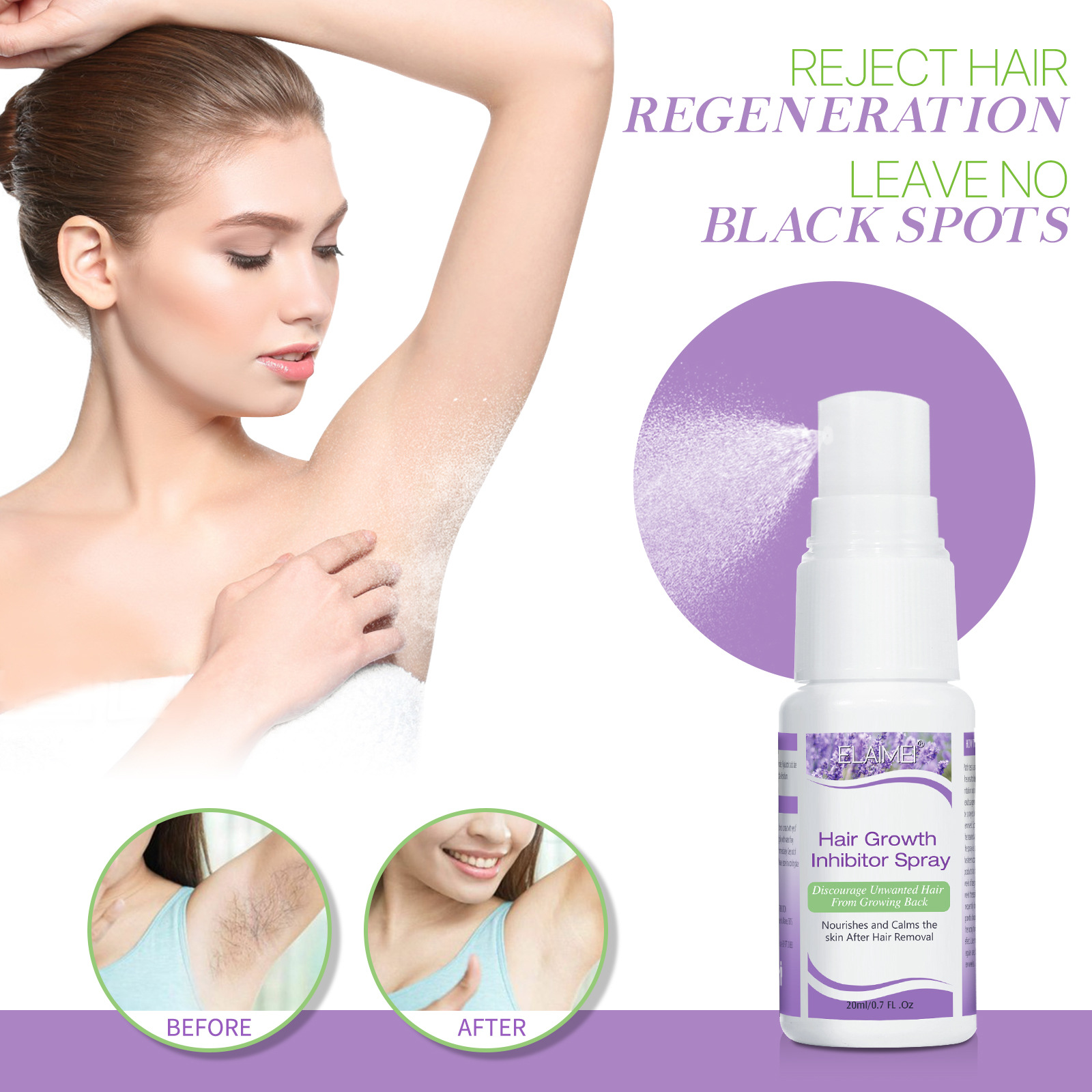 Cross-border ELAIMEI HAIR suppression spray STOP HAIR gentle nourishing shrink pores body available