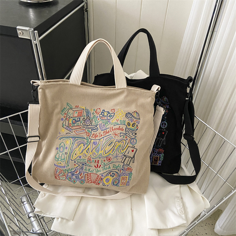 2023 New Fashion large capacity corduroy shoulder bag embroidered portable tote women's bag student crossbody shopping bag