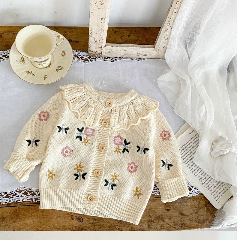 2023 spring all-match baby girls' flower embroidered lotus collar knitted long-sleeved cardigan coat children's clothing