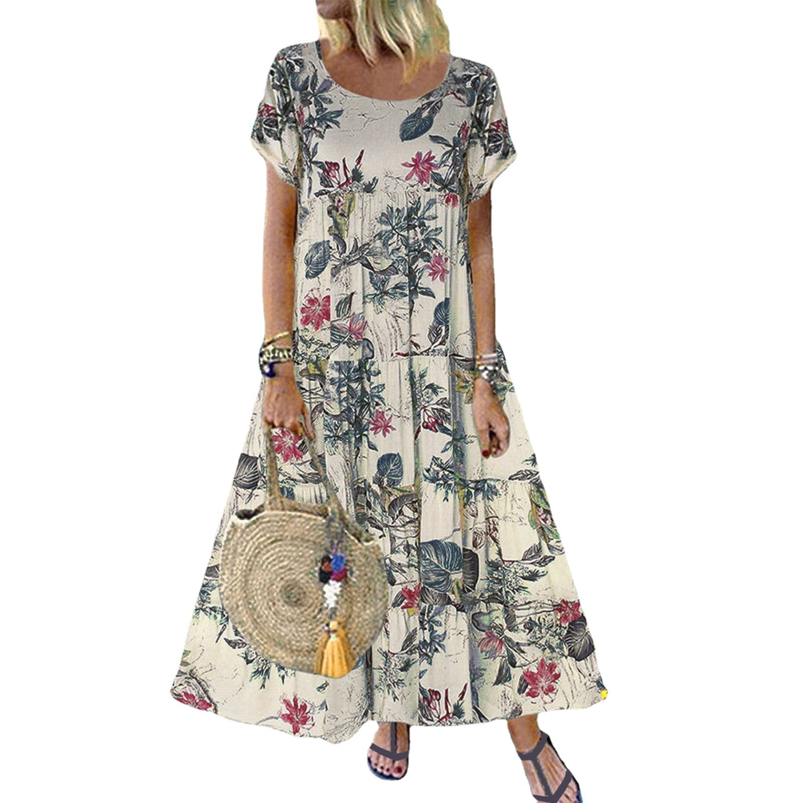 2022 Amazon Wish independent station popular women's vintage floral print short sleeve round neck dress