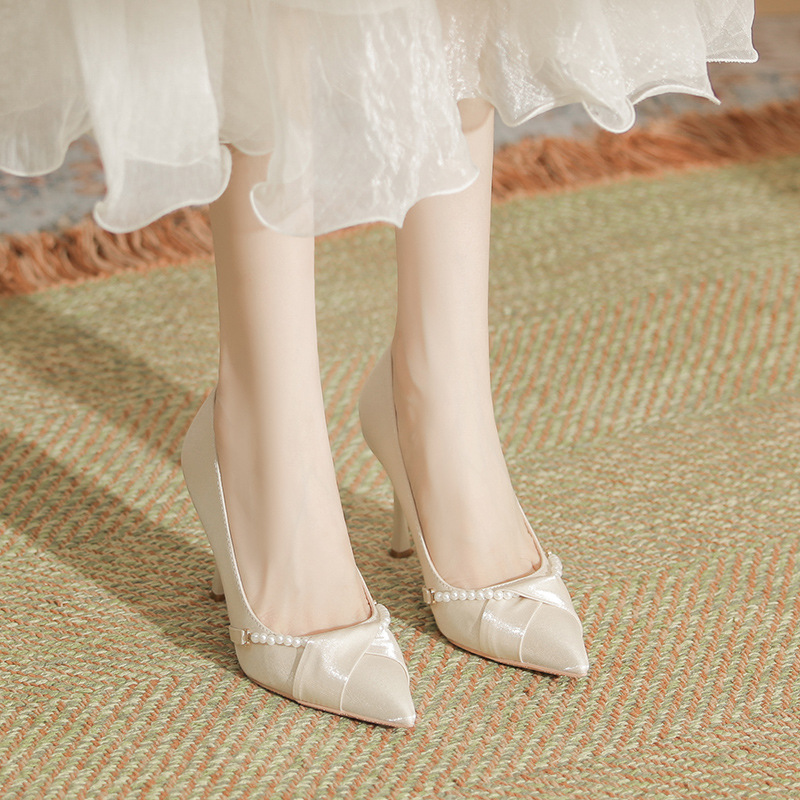 Xinzhilan New Pointed Stiletto Heel Satin Pearl Buckle Buckle All-match Commuter Daily Work Shoes High-heeled Shoes for Women