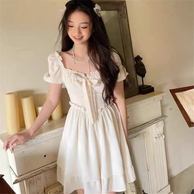 Dress Summer Pure Desire Dress 2022 New Square Collar Puff Sleeve Waist Slimming Super Fairy Sweet Solid Color Skirt for Women
