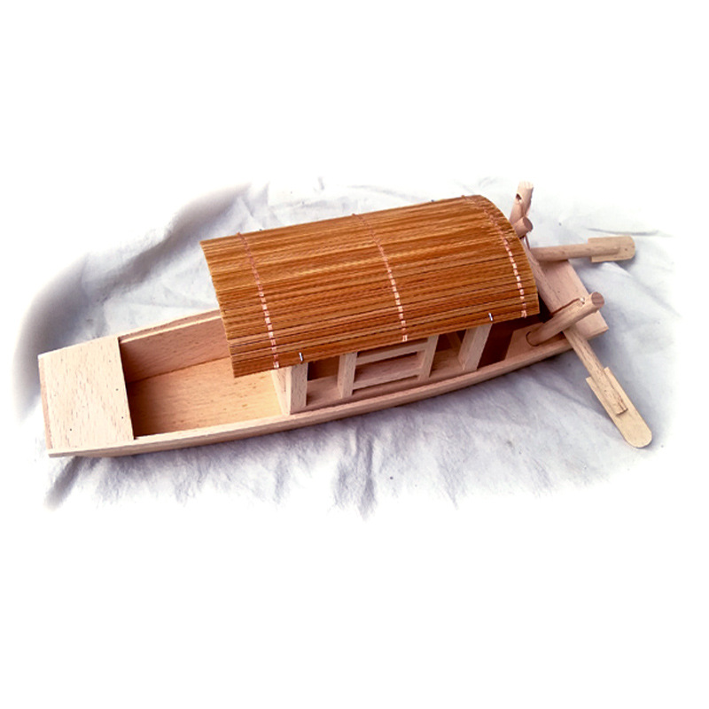 Hand-cranked boat with shed small wooden boat model with canopy wooden fluffy small fishing boat fishing boat decoration Wupeng Boat