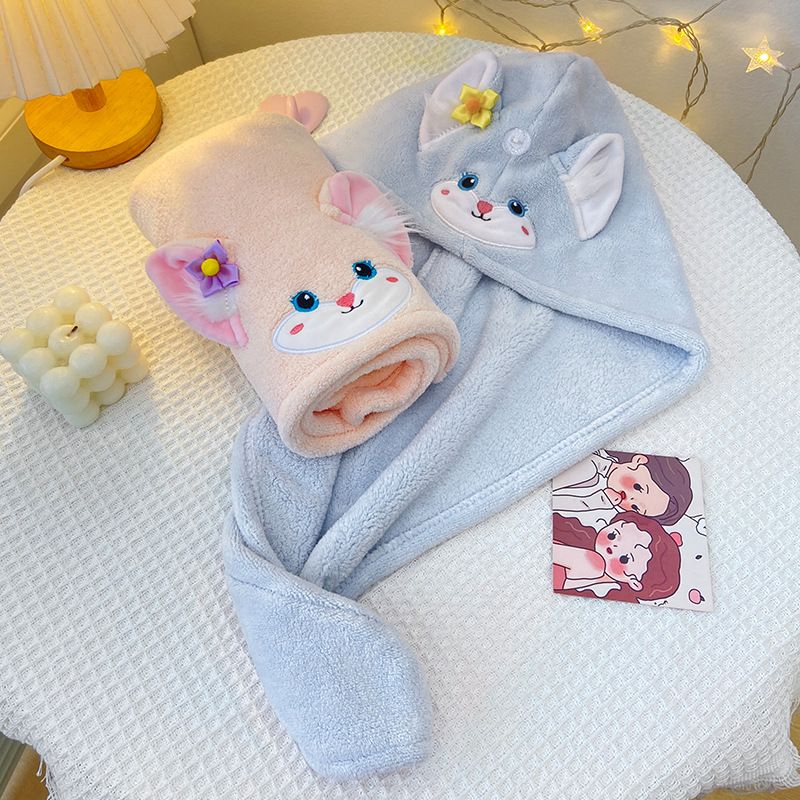 ins Wind Bell Pink Fox Dry Hair Hat Face Wash Headband Makeup Remover Coral Fleece Absorbent Dry Hair Towel Cross Border