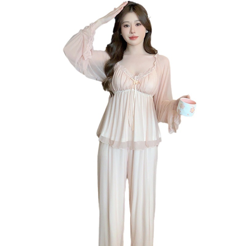 Pure desire home wear new popular online red pajamas suit lace princess modal pajamas can be worn outside home wear