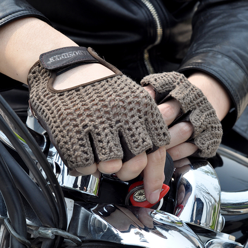 Leather Half-finger Gloves Men's Cowhide Knitted Fitness Driving Motorcycle Riding Sports Non-slip Breathable Half-finger Gloves