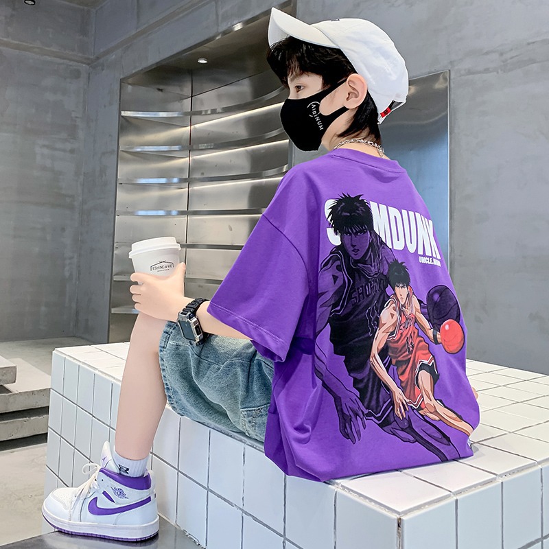 Cotton Men's Big Kids Summer Streetwear T-shirt Short Sleeve 2023 New Children's Summer Loose Purple Half Sleeve Top Trendy T