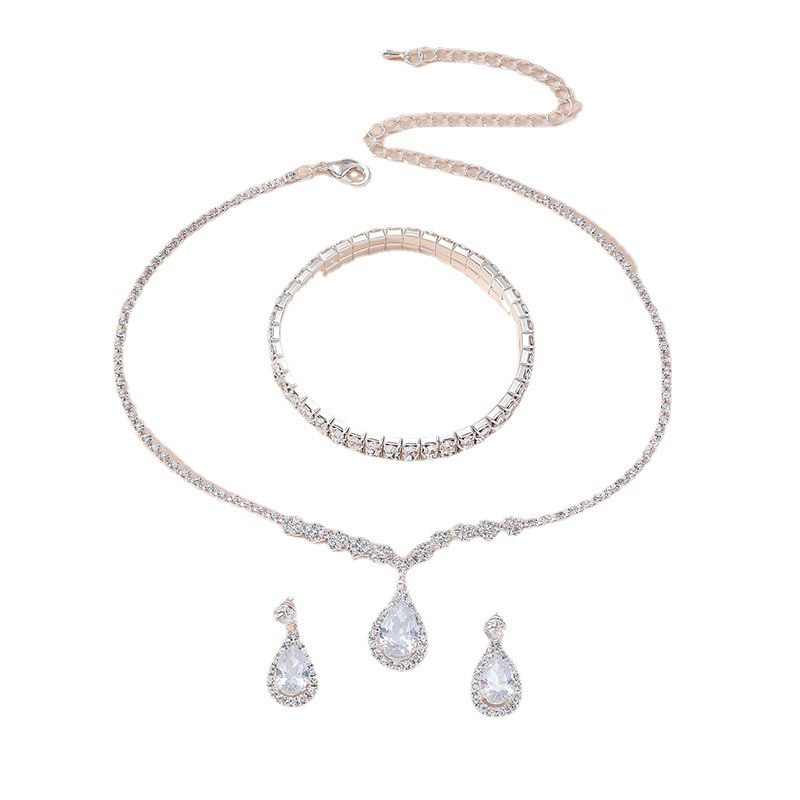 European and American fashion water drop zircon rhinestone necklace earrings bracelet Amazon explosions full diamond claw chain rhinestone three-piece set