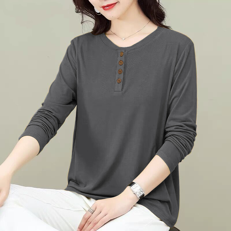 Autumn New Button T-shirt Women's Large Size Women's Casual Artistic Base Shirt Loose Slimming Top T-shirt Trendy