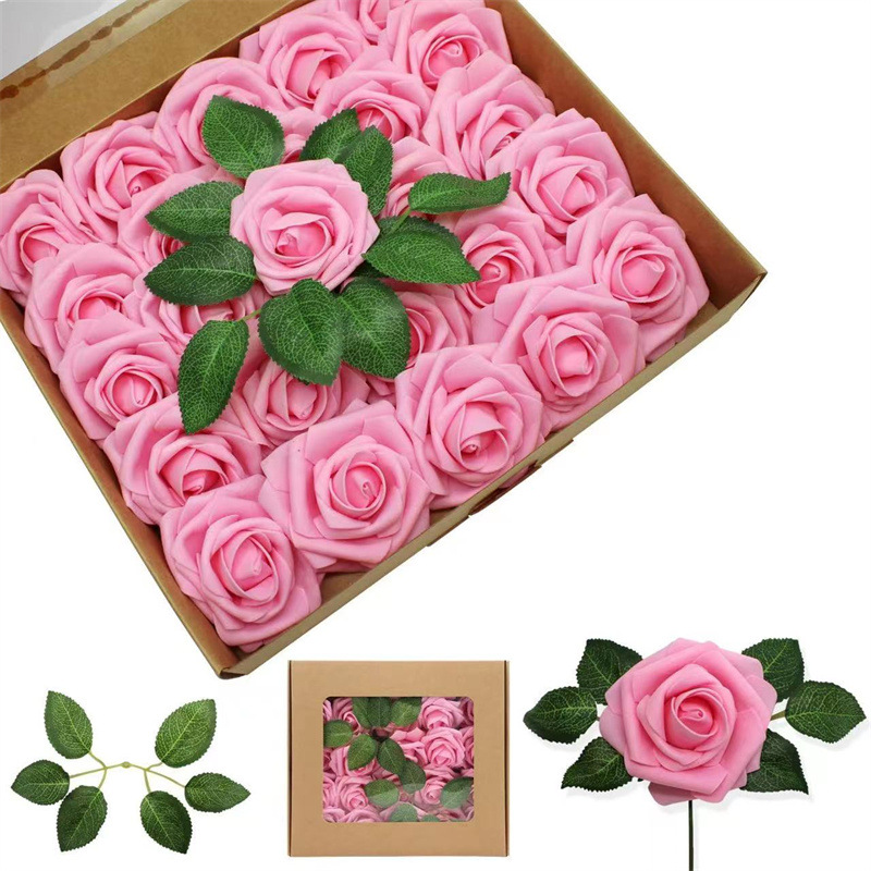 Cross-border simulation gift box foam pe rose fake flower with Rod 25 wedding decorative flowers Valentine's Day gift