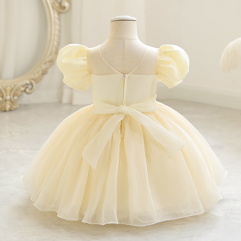 Girls' Court Style Short Dress Children's Princess Dress Bubble Sleeve Mesh Puff Dress Small Host Performance