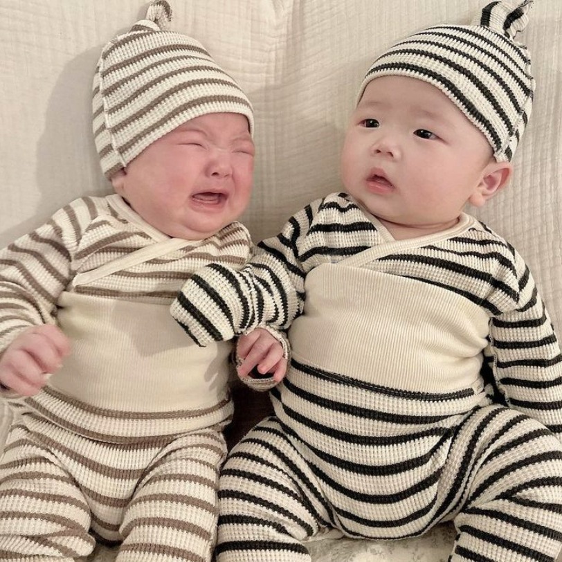 Newborn Clothes Class A Baby Autumn Clothes Little Baby Striped Waffles Monk Clothes High Waist Belly Protectors PP Pants suit