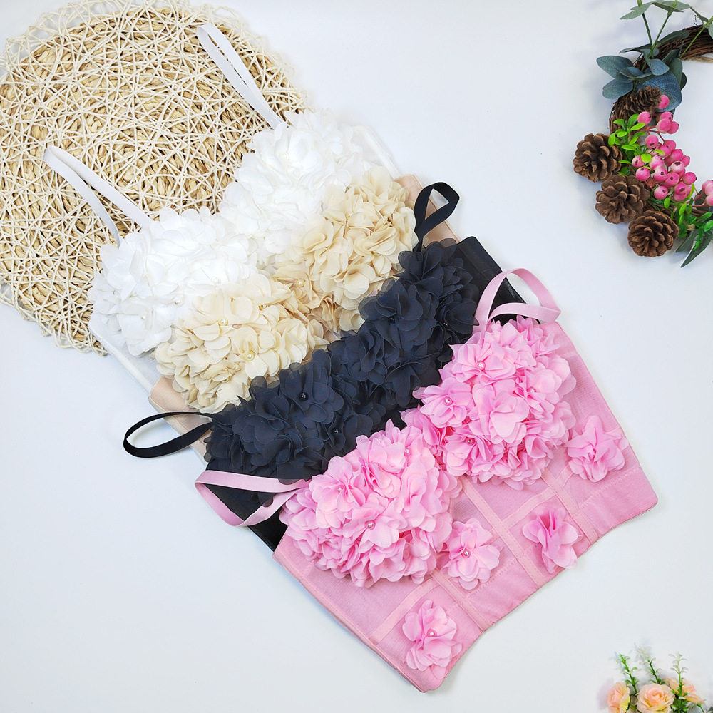 Lace Mesh Fishbone Suspenders Short with Chest Pad Flower Small Vest Outer Wear Base Wrap Chest French Beaded Top