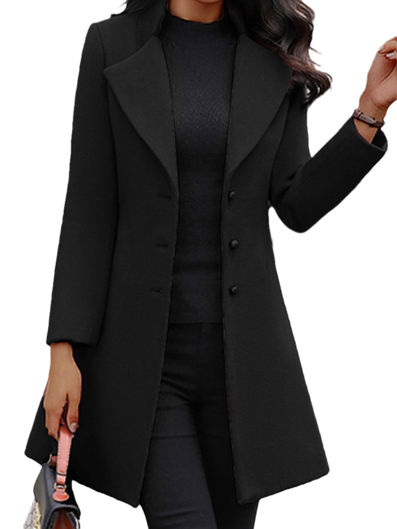 2024 New European and American Cross-border Autumn and Winter Long Korean Lapel Slim Solid Color Slim-fit Women's Woolen Coat