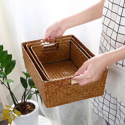 Straw Storage Box Seagrass Rattan Bamboo Woven Portable Storage Basket Desktop Snack Storage Basket Storage Basket