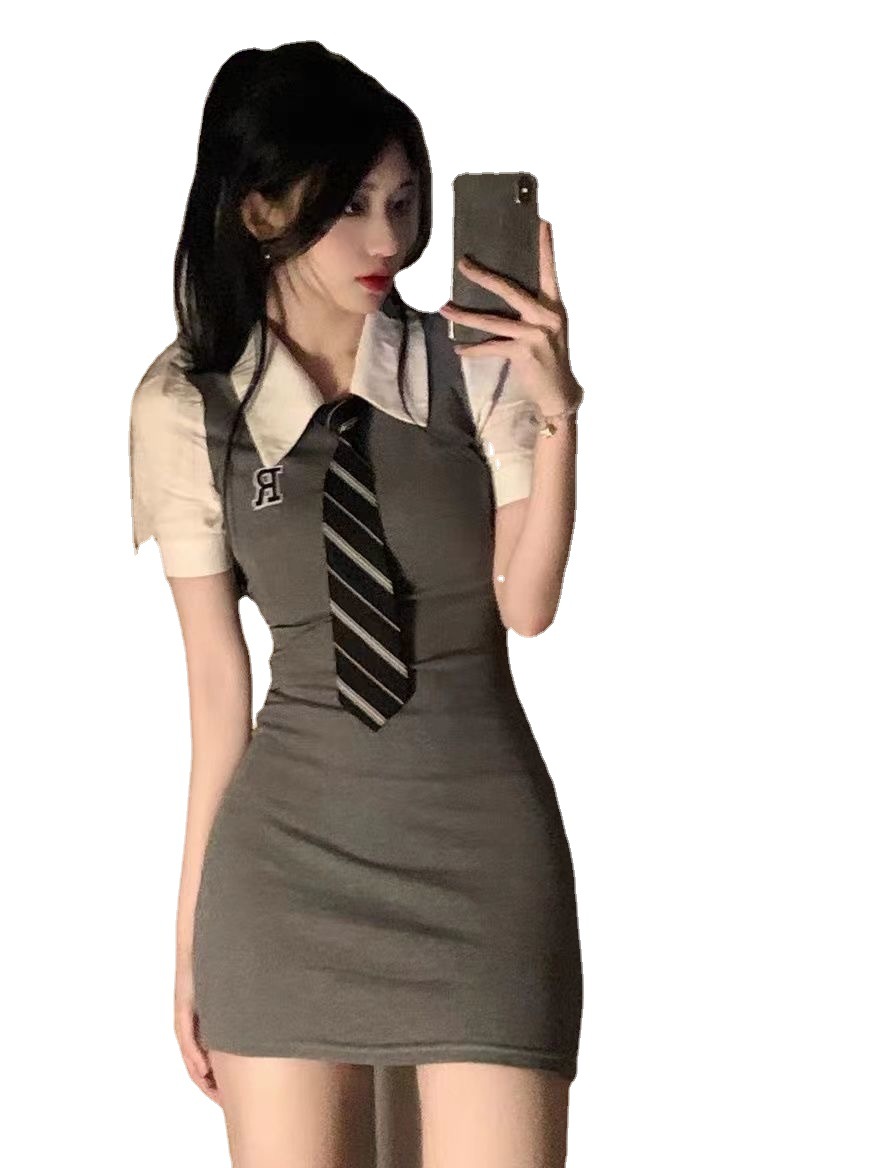 jk pure desire polo tie fake two-piece short sleeve waist slimming slim tight sheath college style dress women's summer