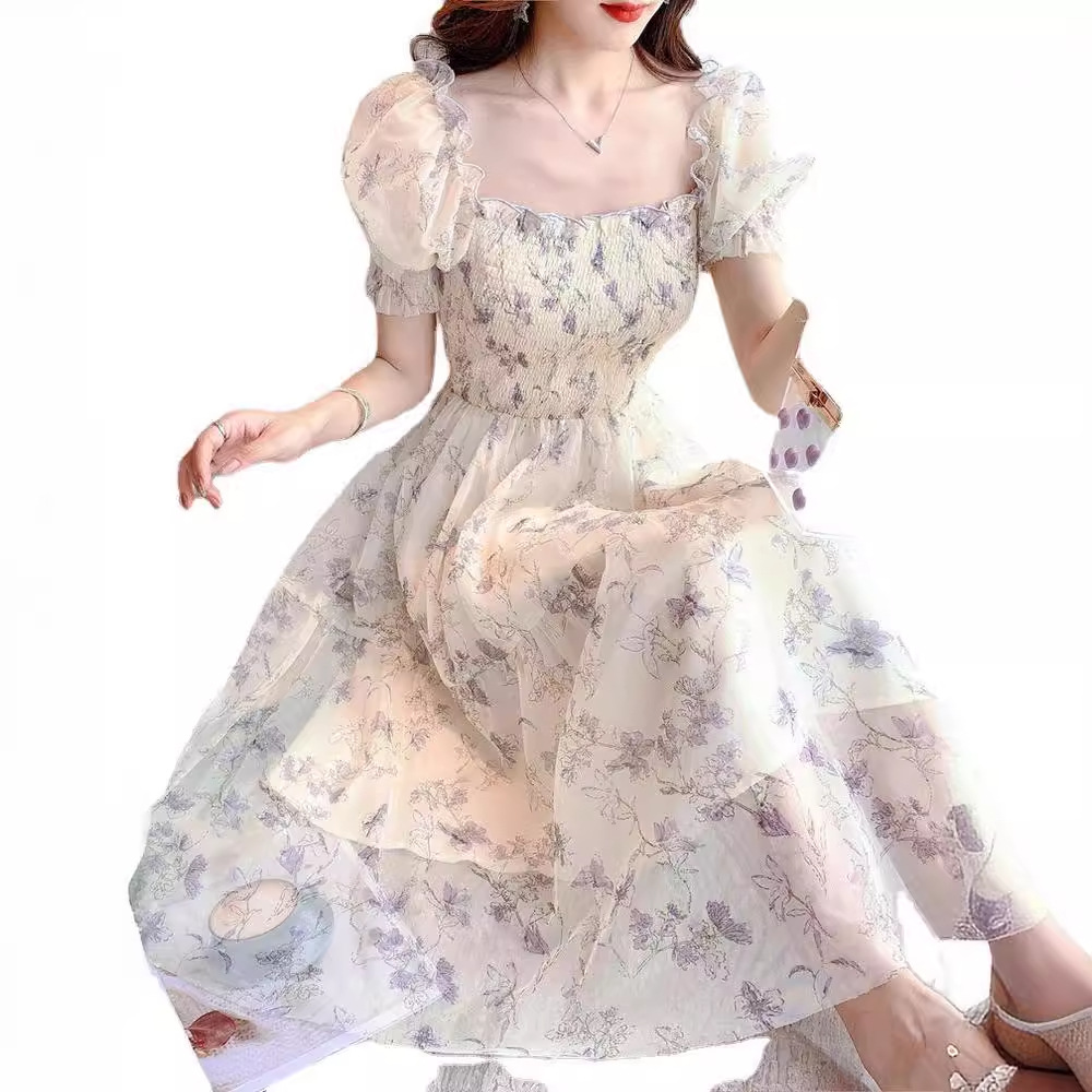 Summer Tea Break French Ink Painting Waist Slimming Temperament Ladies White Chiffon Dress Women's Shopping Mall Same Style