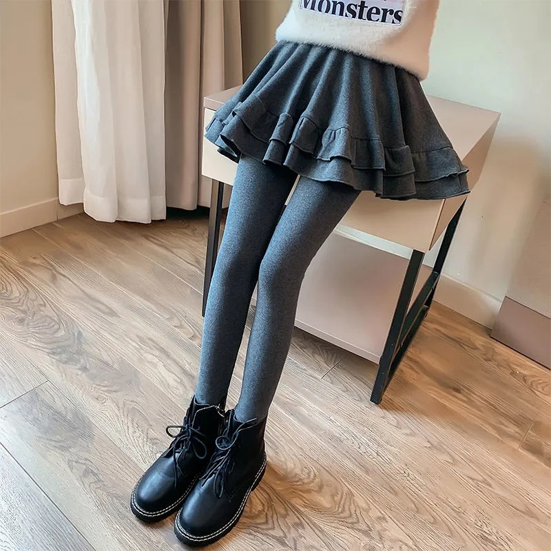 Girls' Spring and Autumn New Arrival Western Style Culottes Outer Wear New Arrival Children's Wear Winter Middle and Big Children's Fake Two-Piece Leggings fleece-lined