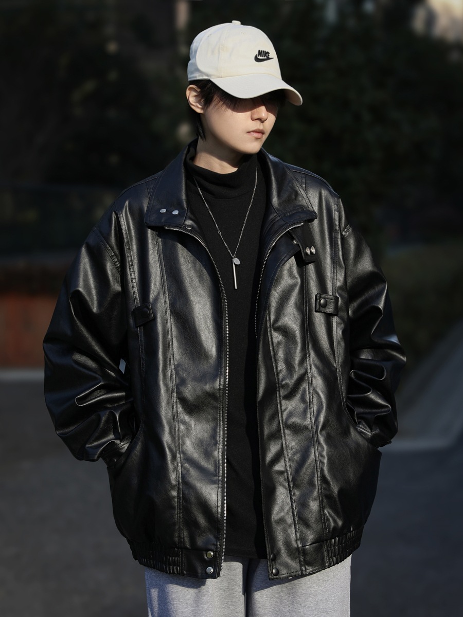 Spring and Autumn American Retro Aviator PU Leather Jacket Men's and Women's Duffy Handsome Fashionable Loose Collar Leather Jacket Top