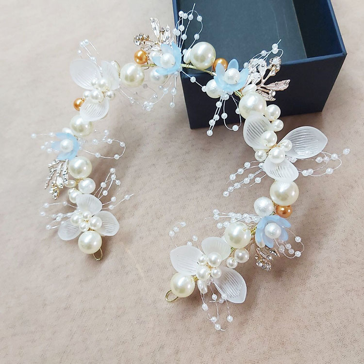 Thick bridal hair band New Pearl flower hair band hand woven golden leaf headdress children's headdress