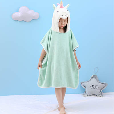 Summer Coral Fleece Children Hooded Bath Towel Cartoon Unicorn Hooded Poncho Baby Bathing Cloak Bathrobe