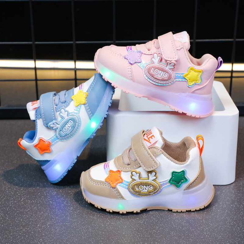 2024 spring and autumn new boys sneaker leather bright lights baby children's shoes women's shoes waterproof running shoes