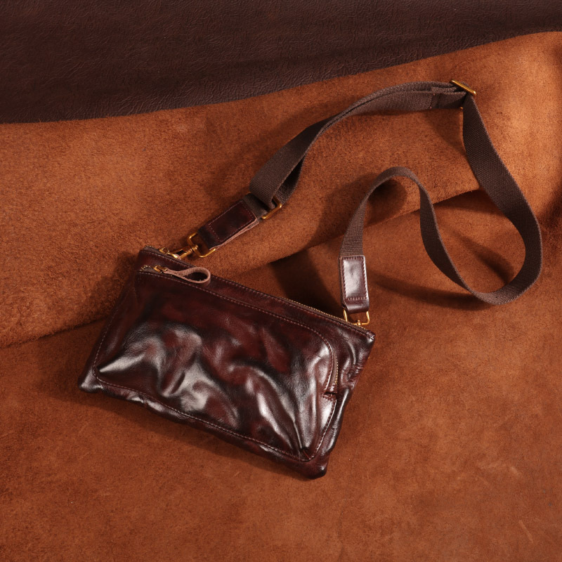 Wholesale New Genuine Leather Cowhide Chest Bag Men's Retro Motorcycle Crossbody Shoulder Bag Vegetable Tanning Tree Cream Pleated Mobile Phone Bag