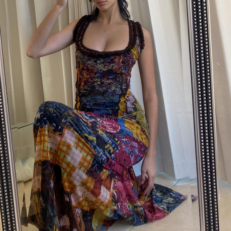 ins European and American Women's 2023 Summer New Fashion Vintage Tie-Dye Printed Sexy U-Neck Slim-Fit Dress Long Dress