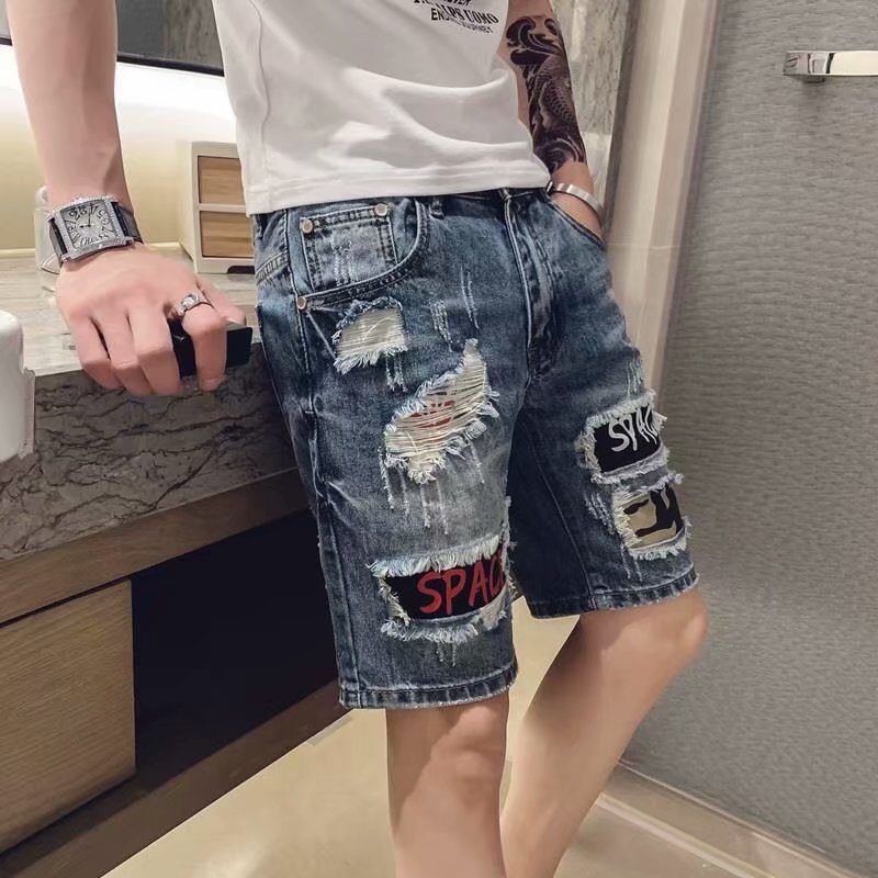 2022 new summer ripped Denim shorts men's Korean-style fashion brand half-length pants scraping personality beggar middle pants