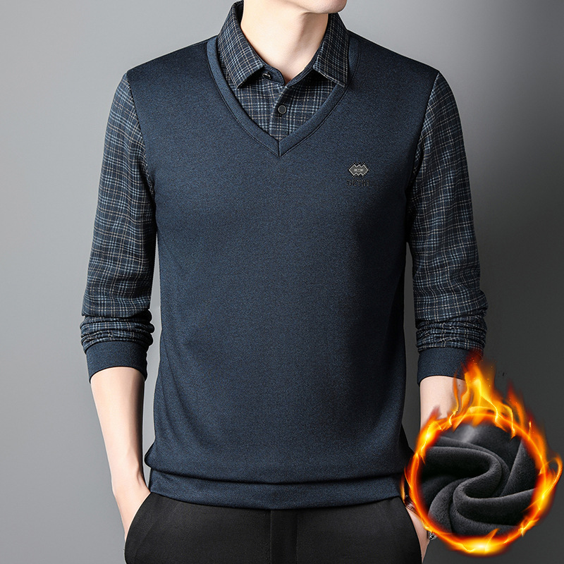 2023autumn and winter fleece-lined thickened fake two-piece sweater long-sleeved T-shirt Korean casual warm sweater men's fashion