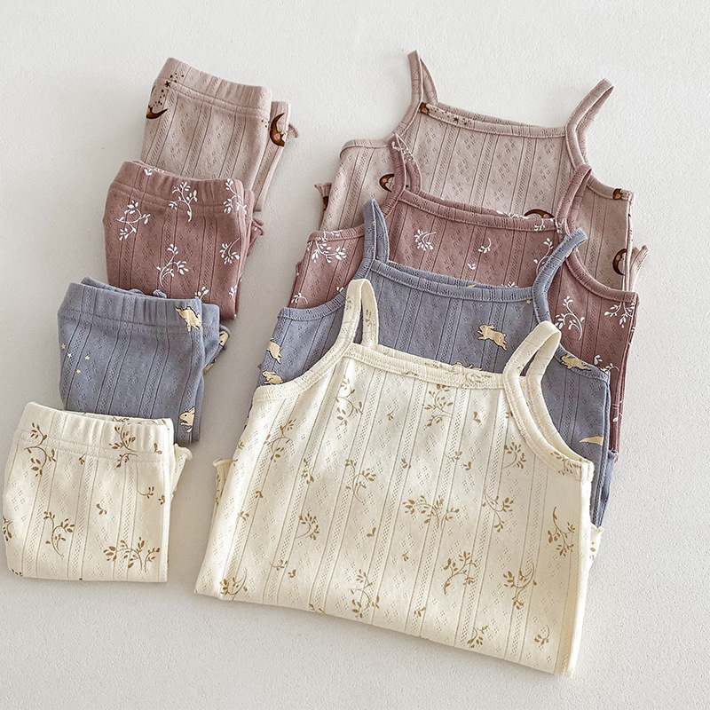 Summer New Nordic Style Girls' Pajamas Category A Pure Cotton Thin Home Clothes Girls' Sling suit Baby Clothes