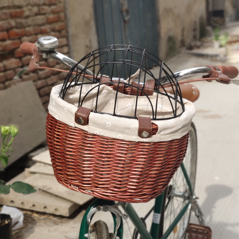 Wicker pet basket woven basket cat and dog basket rattan front basket hanging car basket out pet basket with iron cover