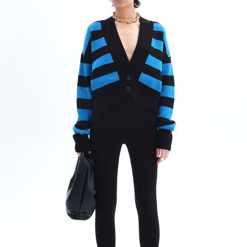 2024 spring and autumn European and American Russian sweater women's cross-border contrast color loose design knitted cardigan coat for women